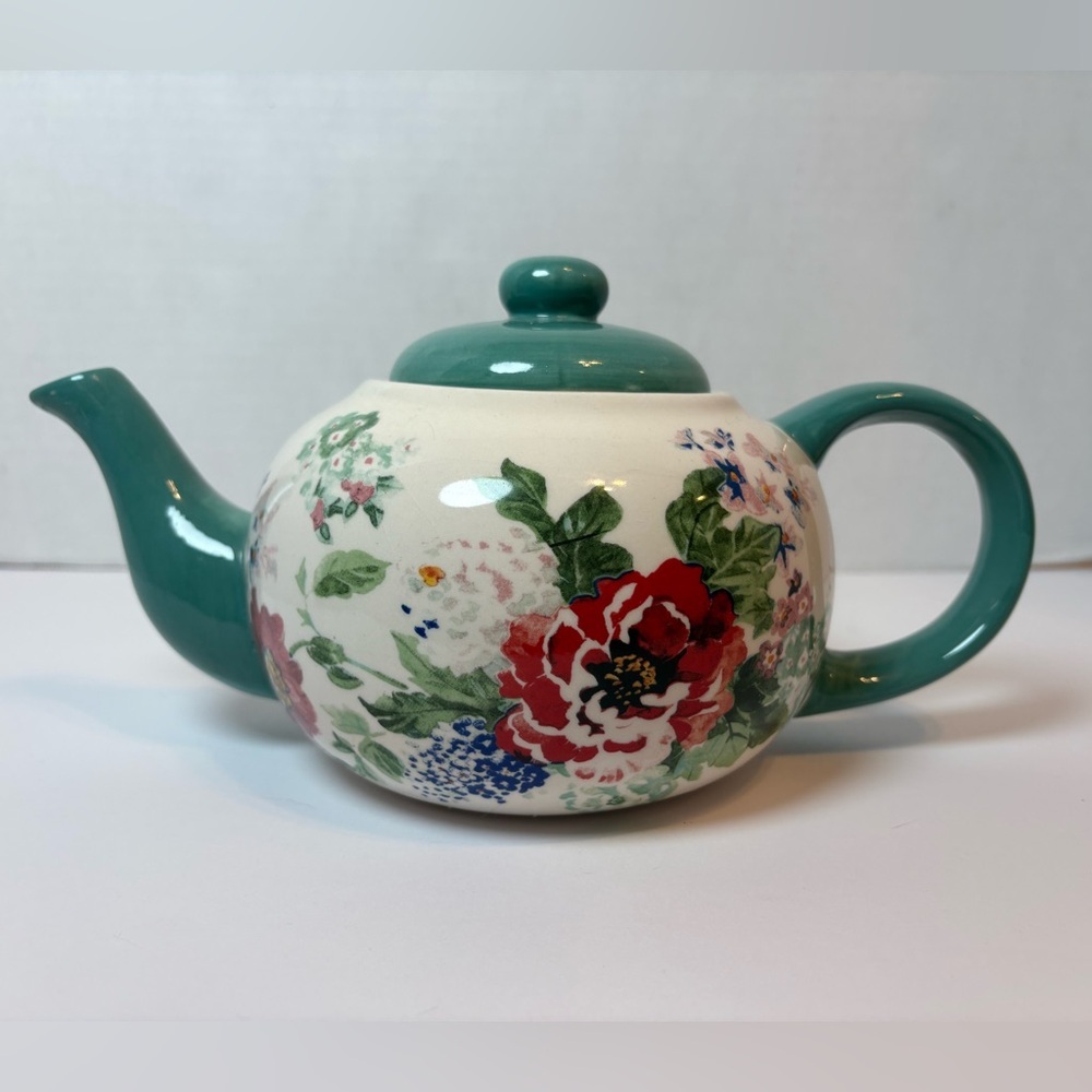 The Pioneer Woman Country Garden pattern ceramic teapot teal with floral design